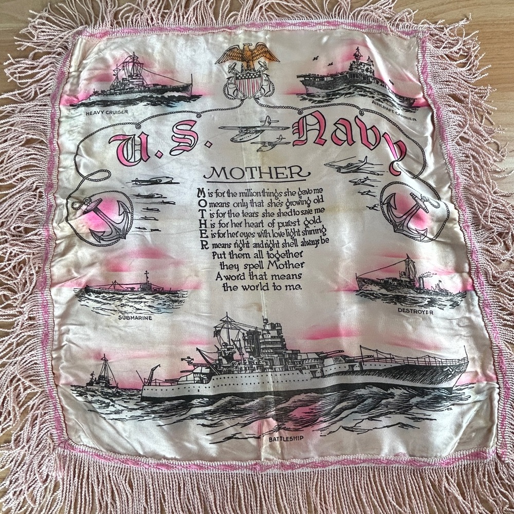 Antique Pillow Sham Silk US Navy Sailor Mother Poem Original Military